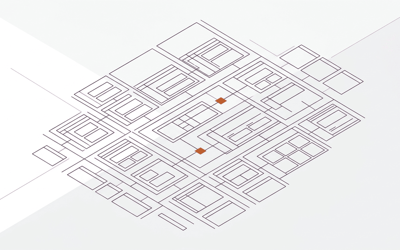 Isometric line diagram of interconnected modular system blocks in deep plum with burnt orange accent nodes
